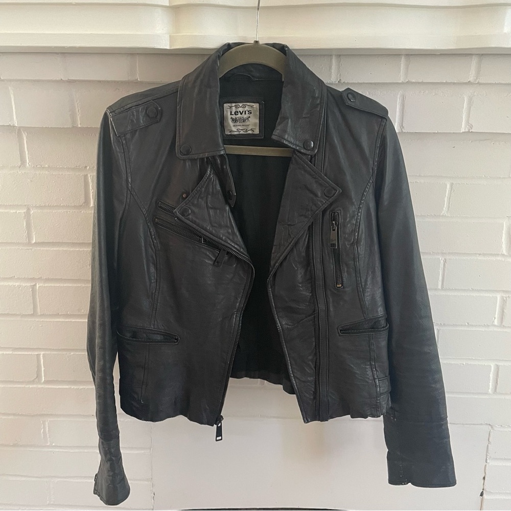 Levi's Women's Black Leather Motorcycle Jacket 2000s